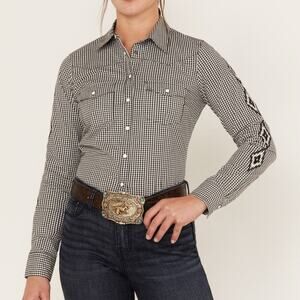 RANK 45 Women’s Black White Checked Western Boho Snap Front Long Sleeve Blouse